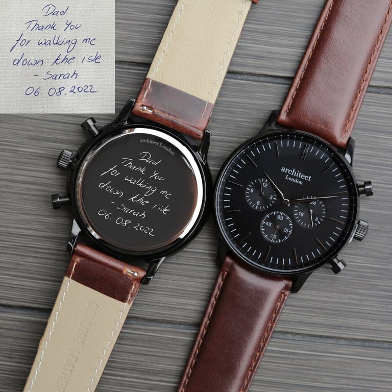 Personalized Men s Architect Motivator Black Chronograph Watch with Walnut Leather Strap