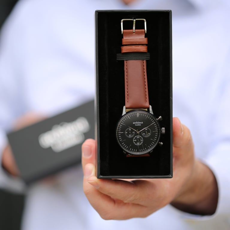 Personalized Men s Architect Motivator Black Chronograph Watch with Walnut Leather Strap