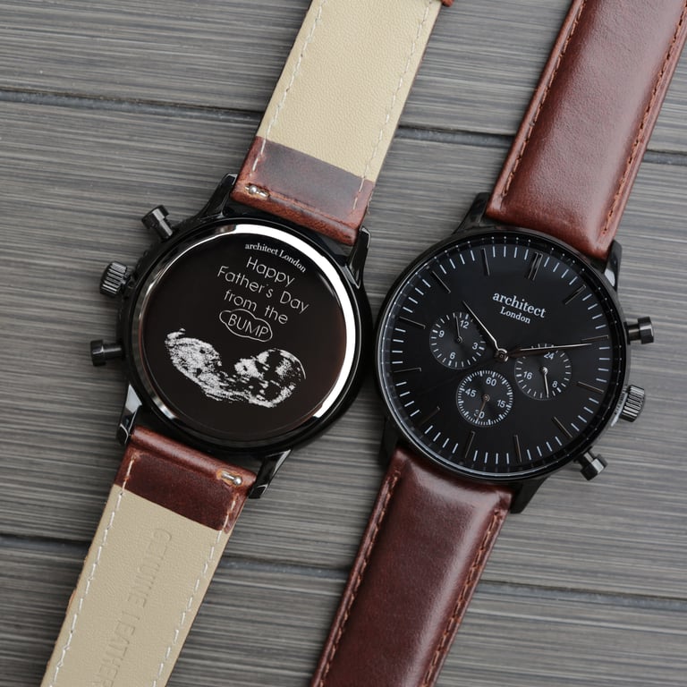 Personalized Men s Architect Motivator Black Chronograph Watch with Walnut Leather Strap