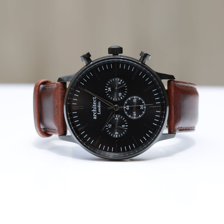 Personalized Men s Architect Motivator Black Chronograph Watch with Walnut Leather Strap