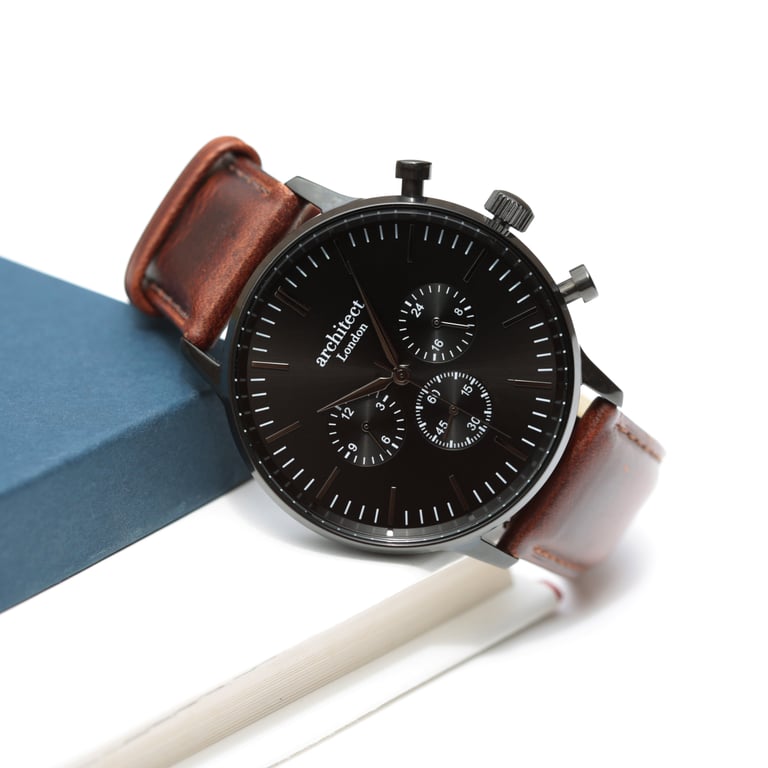 Personalized Men s Architect Motivator Black Chronograph Watch with Walnut Leather Strap