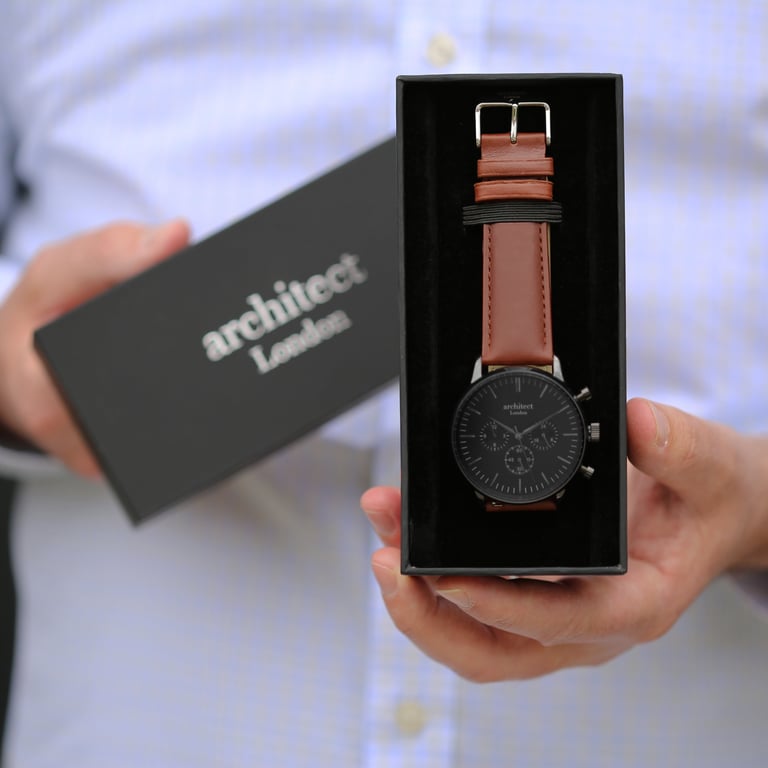 Personalized Men s Architect Motivator Black Chronograph Watch with Walnut Leather Strap