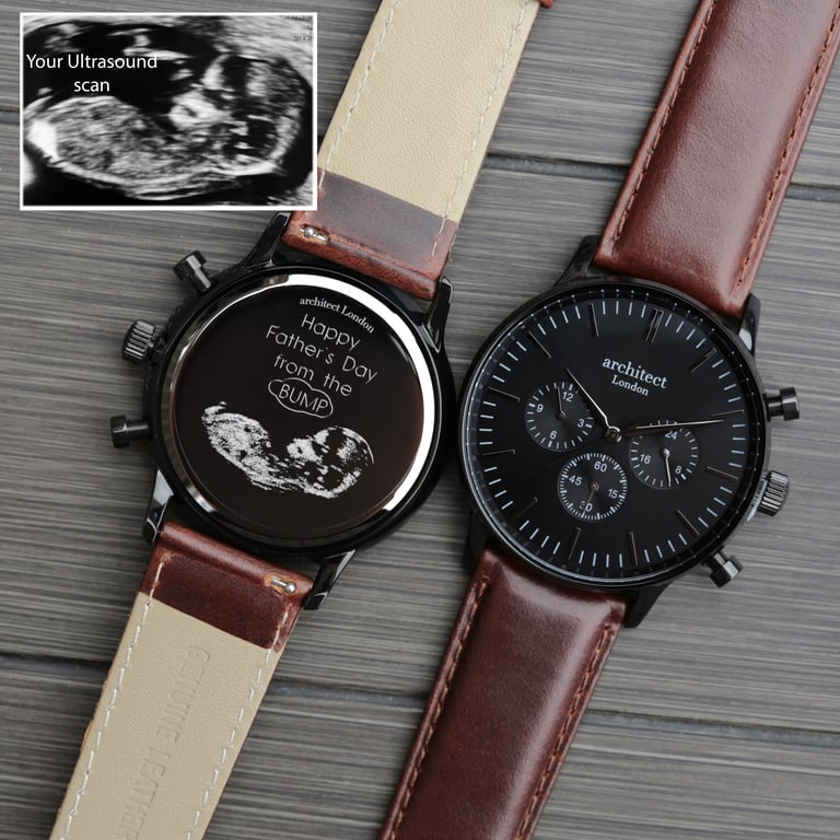 Personalized Men s Architect Motivator Black Chronograph Watch with Walnut Leather Strap