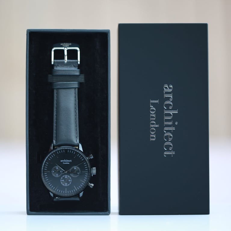 Men s Architect Motivator Watch - Engraved Black Leather Strap Chronograph