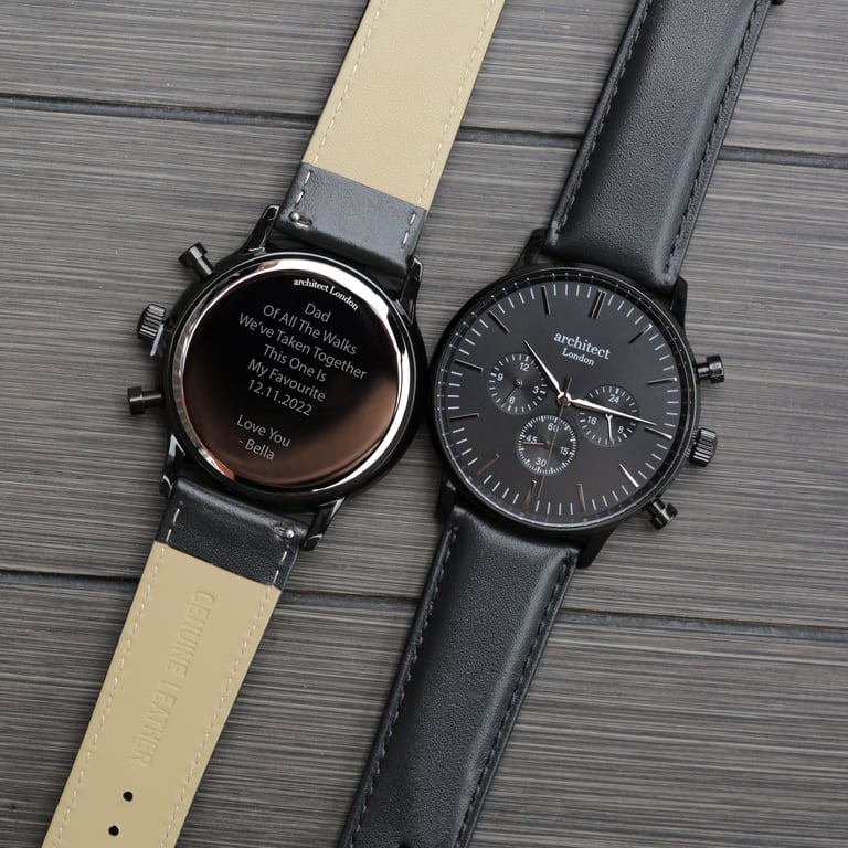 Men s Architect Motivator Watch - Engraved Black Leather Strap Chronograph