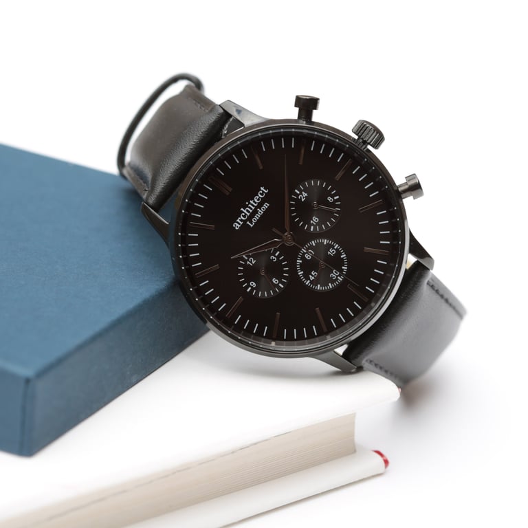 Personalized Architect Motivator Watch - Handwriting Engraving, Black Leather Strap & Chronograph Function