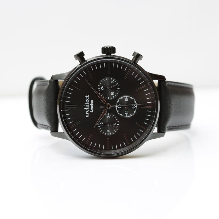 Personalized Architect Motivator Watch - Handwriting Engraving, Black Leather Strap & Chronograph Function