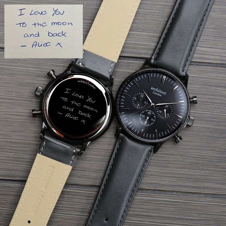 Personalized Architect Motivator Watch - Handwriting Engraving, Black Leather Strap & Chronograph Function