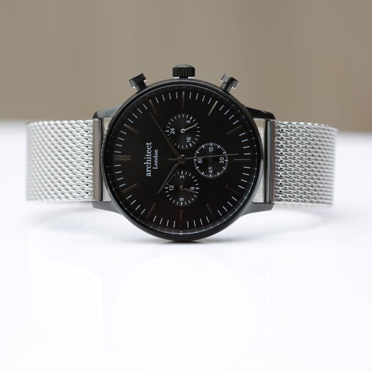 Men s Personalized Architect Motivator Watch - Engraved Chronograph with Black Mesh Strap