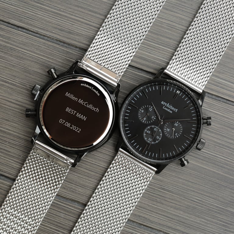 Men s Personalized Architect Motivator Watch - Engraved Chronograph with Black Mesh Strap