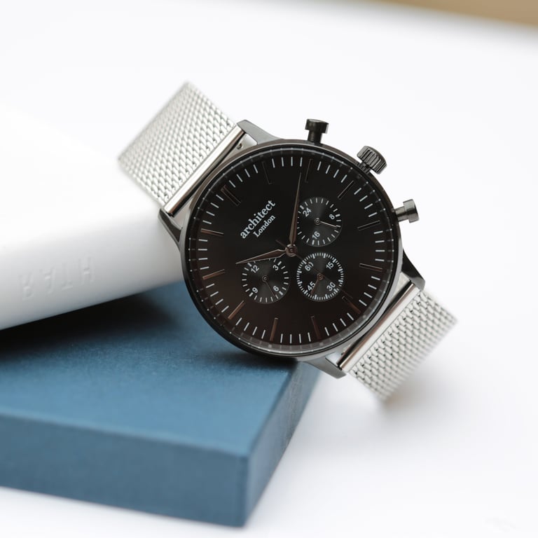 Men s Personalized Architect Motivator Watch - Engraved Chronograph with Black Mesh Strap