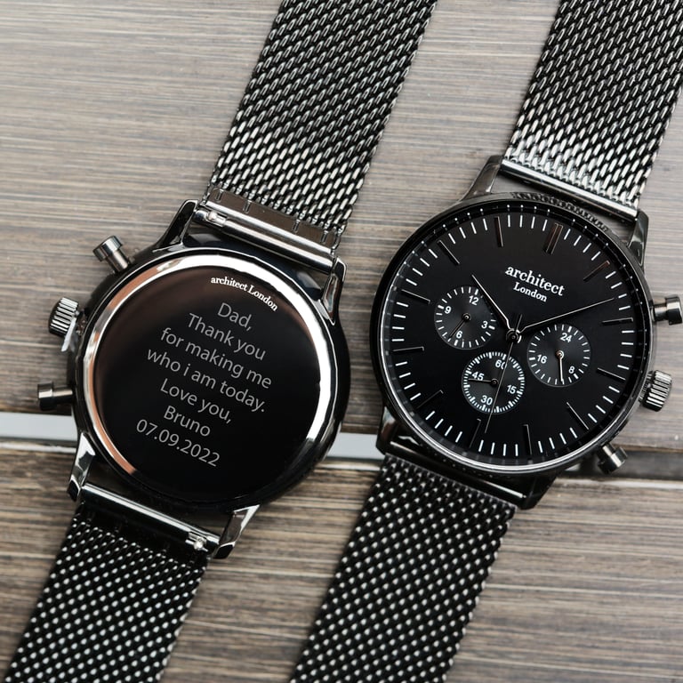 Men s Architect Motivator Watch - Engraved Modern Font - Black Milanese Mesh Strap Chronograph