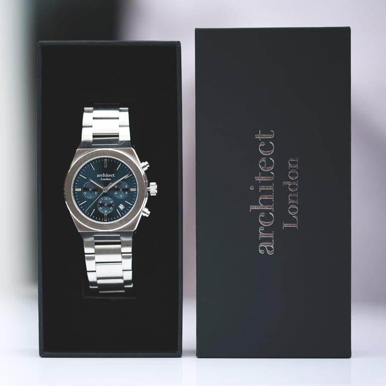 Men s Architect Orbix Blue - Handwritten Engraved Stainless Steel Chronograph Watch