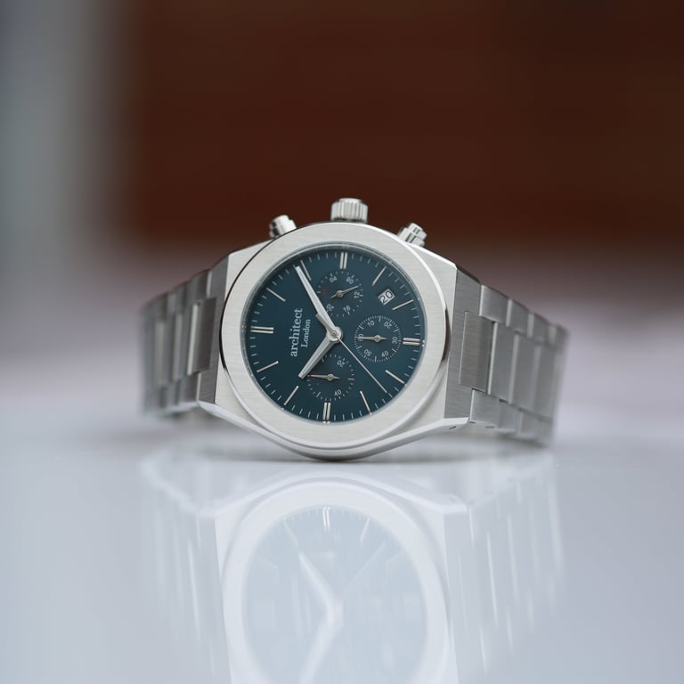 Men s Architect Orbix Blue - Handwritten Engraved Stainless Steel Chronograph Watch