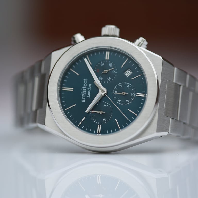 Men s Architect Orbix Blue - Handwritten Engraved Stainless Steel Chronograph Watch