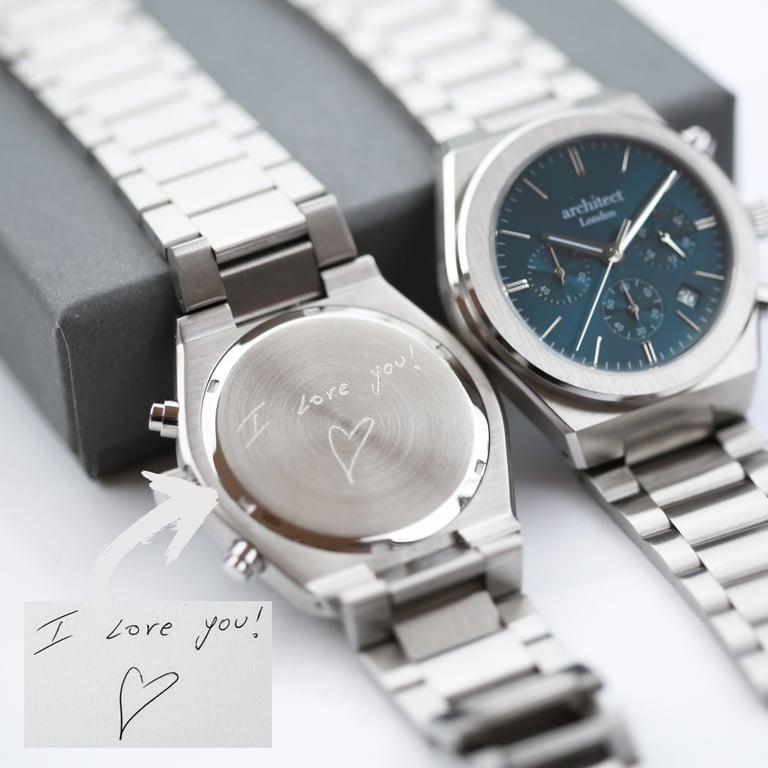 Men s Architect Orbix Blue - Handwritten Engraved Stainless Steel Chronograph Watch