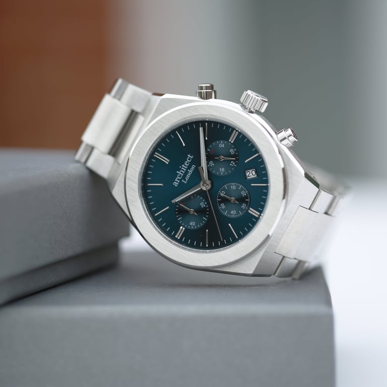 Men s Architect Orbix Blue - Handwritten Engraved Stainless Steel Chronograph Watch