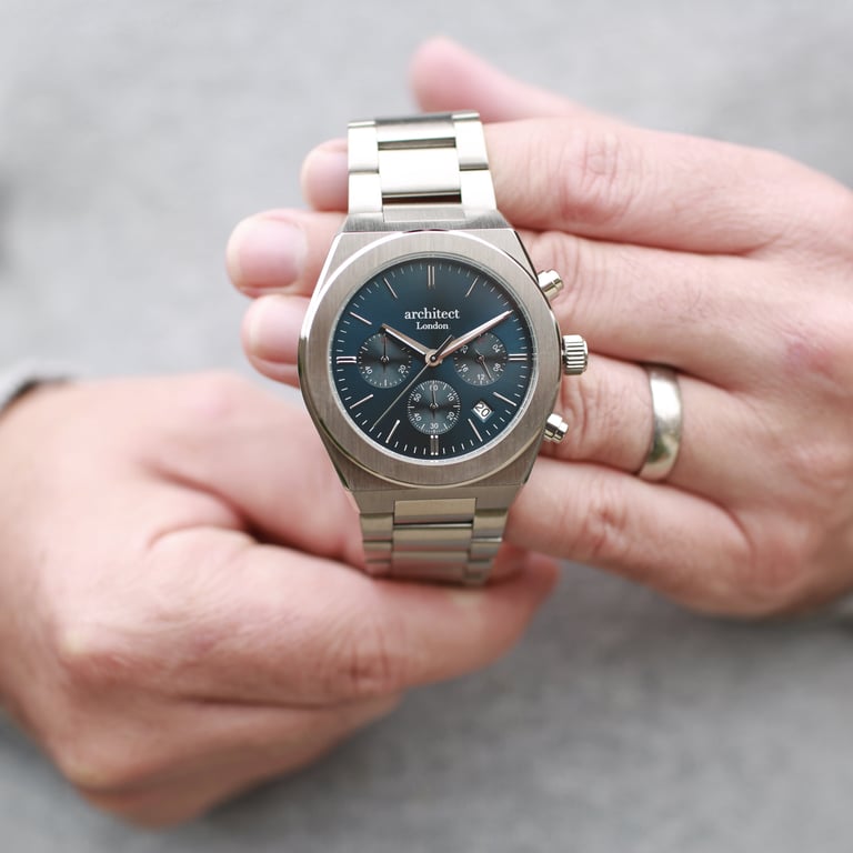 Men s Architect Orbix Blue - Handwritten Engraved Stainless Steel Chronograph Watch