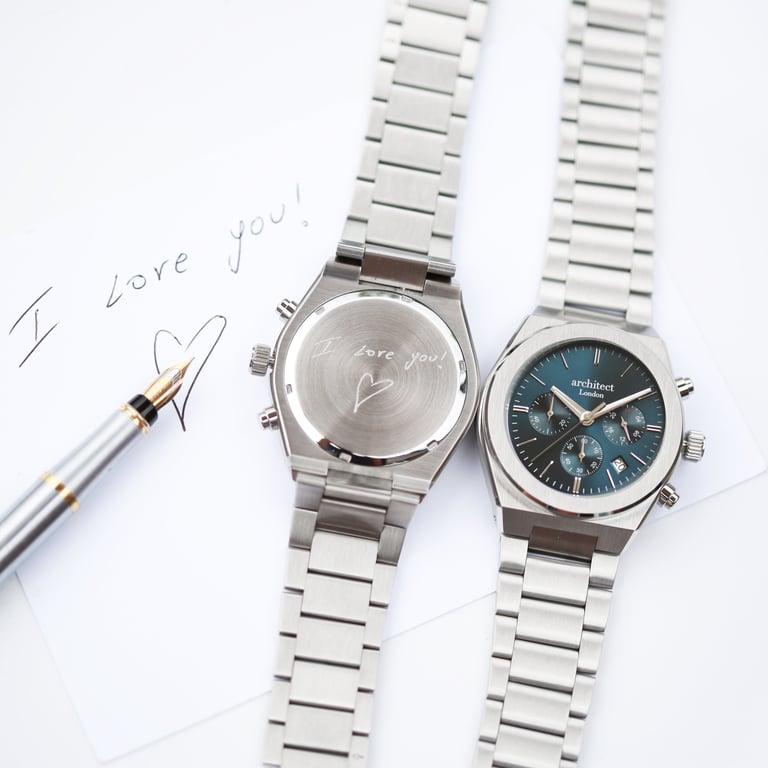 Men s Architect Orbix Blue - Handwritten Engraved Stainless Steel Chronograph Watch