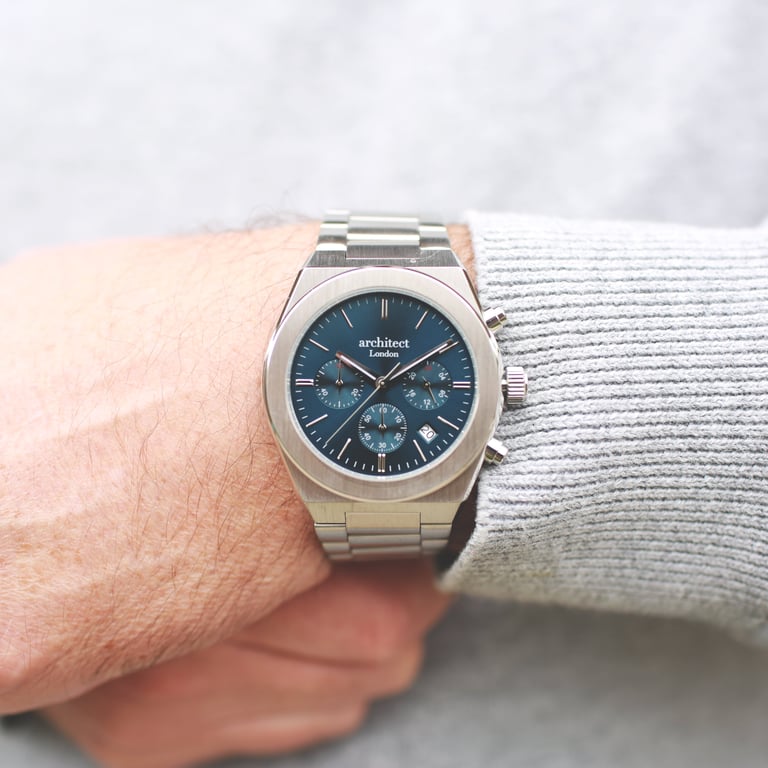 Men s Architect Orbix Blue - Handwritten Engraved Stainless Steel Chronograph Watch