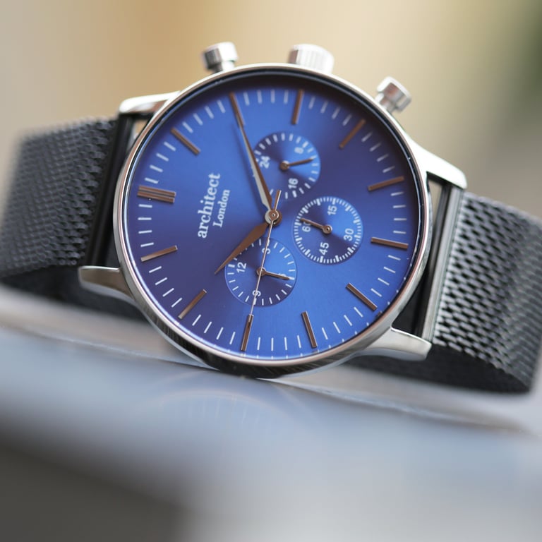 Men s Architect Motivator Watch - Engraved Stainless Steel Chronograph with Blue Dial and Black Mesh Strap