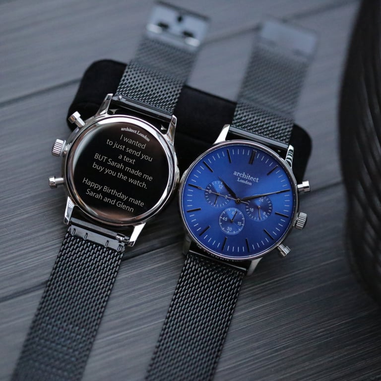 Men s Architect Motivator Watch - Engraved Stainless Steel Chronograph with Blue Dial and Black Mesh Strap