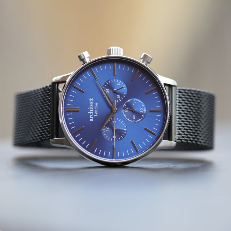 Men s Architect Motivator Watch - Engraved Stainless Steel Chronograph with Blue Dial and Black Mesh Strap