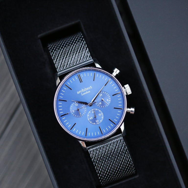 Men s Architect Motivator Watch - Engraved Stainless Steel Chronograph with Blue Dial and Black Mesh Strap