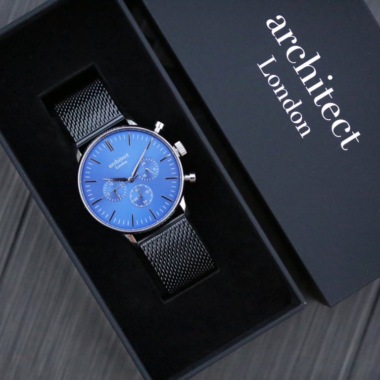 Men s Architect Motivator Watch - Engraved Stainless Steel Chronograph with Blue Dial and Black Mesh Strap