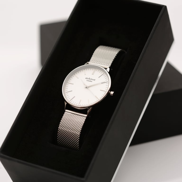 Architct Blanc Ladies Watch - Personalised Stainless Steel Timepiece with Silver Bezel and Engraved Modern Font