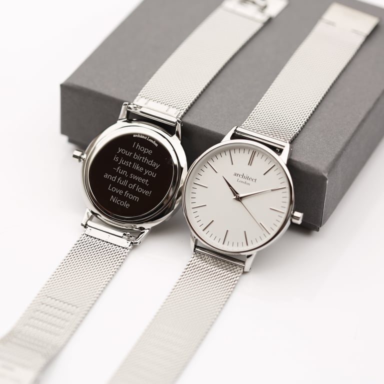 Architct Blanc Ladies Watch - Personalised Stainless Steel Timepiece with Silver Bezel and Engraved Modern Font