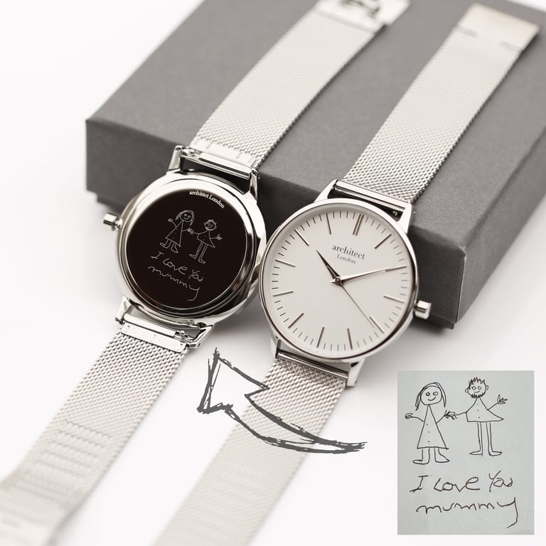 Personalized Ladies Architect Blanc Watch - Handwriting Engraved & Silver Mesh Strap