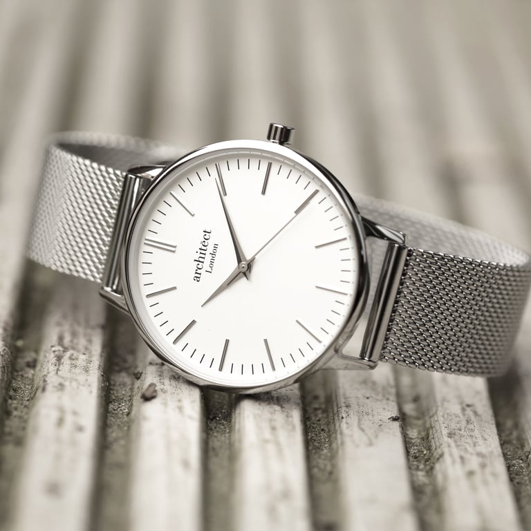 Personalized Ladies Architect Blanc Watch - Handwriting Engraved & Silver Mesh Strap