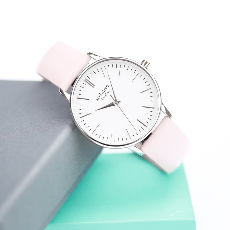 Personalized Ladies Architct Blanc Silver Bezel Watch with Light Pink Leather Strap and Modern Font Engraving