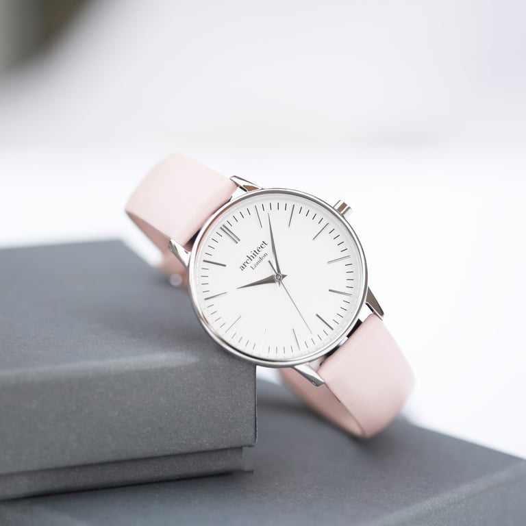 Personalized Architct Blanc Stainless Steel Watch with Handwriting Engraving & Pink Strap