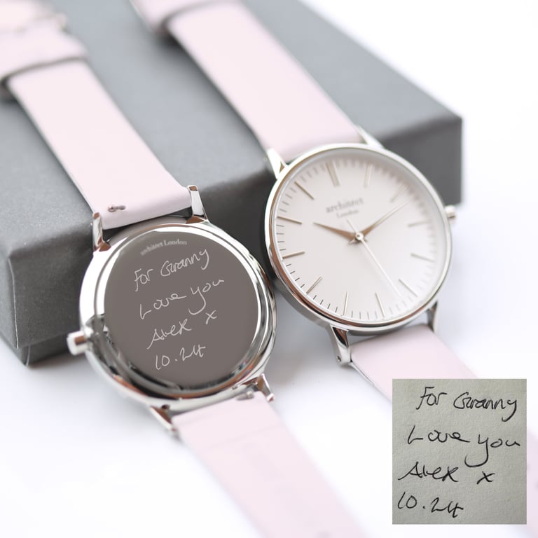Personalized Architct Blanc Stainless Steel Watch with Handwriting Engraving & Pink Strap