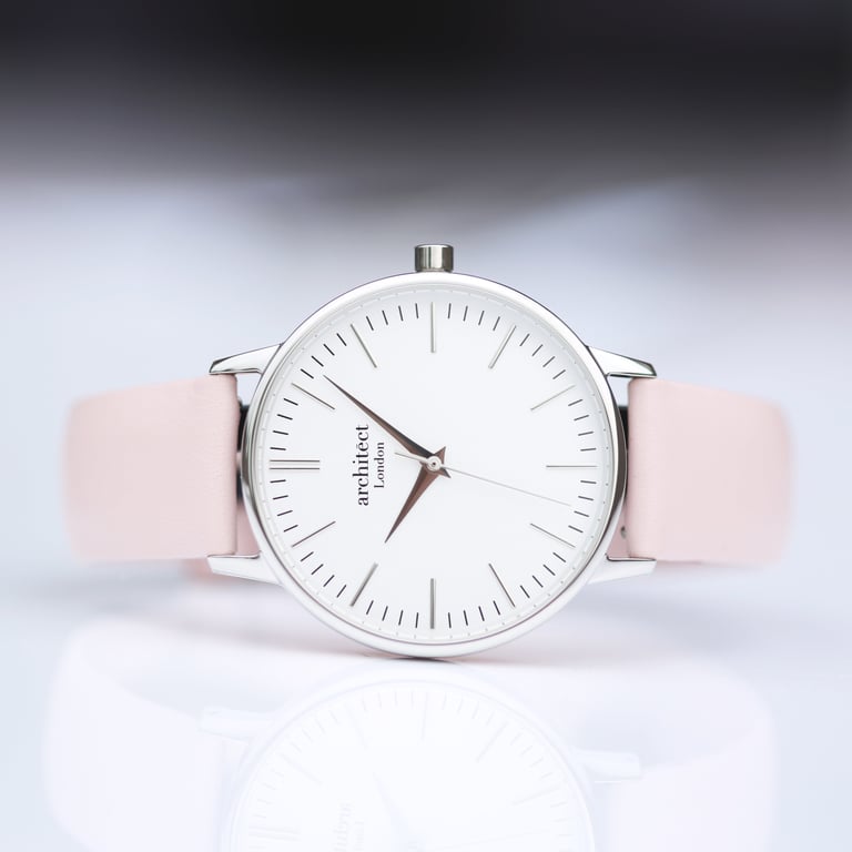 Personalized Architct Blanc Stainless Steel Watch with Handwriting Engraving & Pink Strap