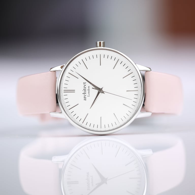 Personalized Architct Blanc Stainless Steel Watch with Handwriting Engraving & Pink Strap