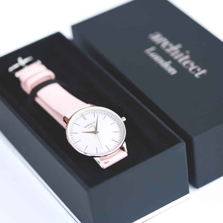 Personalized Architct Blanc Stainless Steel Watch with Handwriting Engraving & Pink Strap