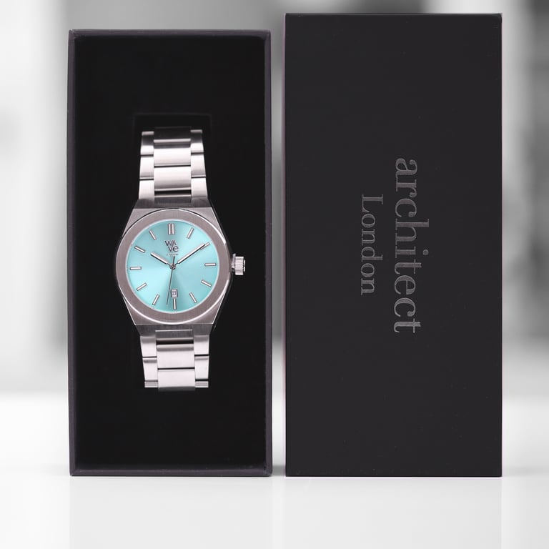 Wave by Architect Ocean Blue Watch - Handwritten Engraving & Minimalist Design