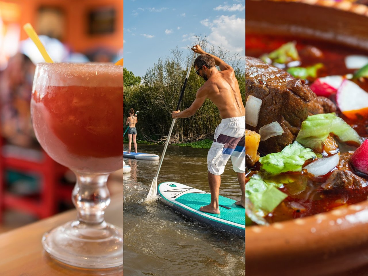 Collage of a margarita (photo by JJAVA), a man paddle boarding (photo by homydesign) and a Mexican pozole (photo by R. Briggs)