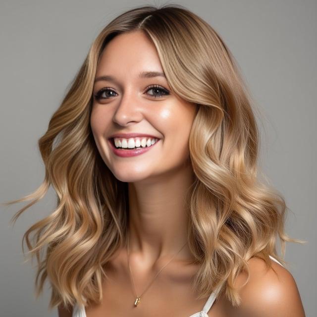 Create a realistic image with one person only, featuring a female with a joyful expression, medium to long honey blonde wavy hair parted to the side, with soft waves framing her face, set against a neutral background to showcase the haircut.
