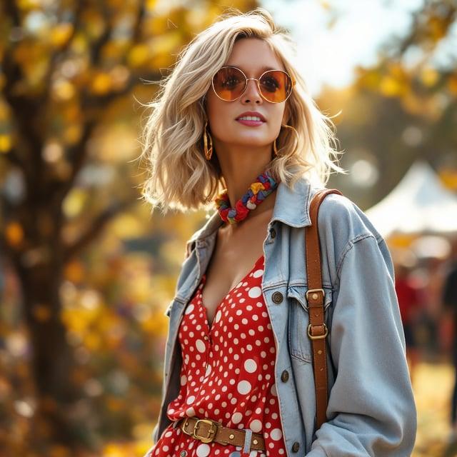 Depict a realistic image with a female person attending a casual outdoor autumn festival. She has Retro Chic Waves with warm honey blonde highlights, wearing an 80s-inspired polka dot dress with puff sleeves in bright colors, a vintage denim jacket, retro white ankle boots, bold hoop earrings, and a wide-brim fedora hat.