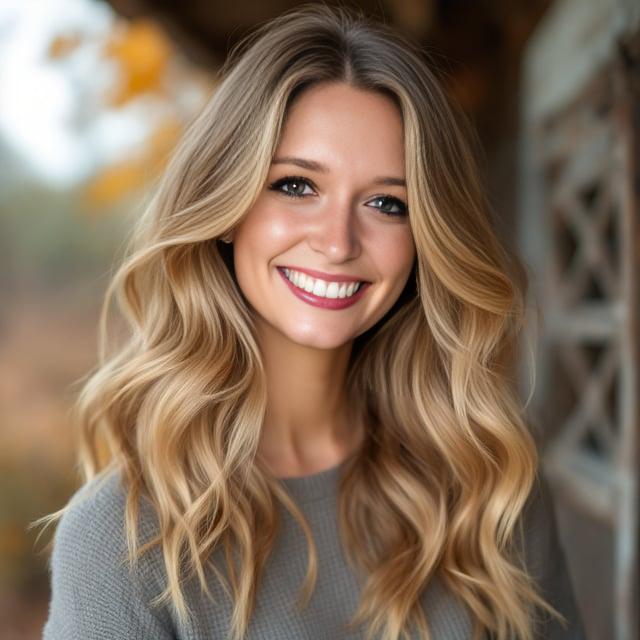 Create a realistic image with one female person only, showcasing soft, voluminous waves in warm honey blonde, with shoulder-length hair and a center part, smiling with a rustic or autumn background.