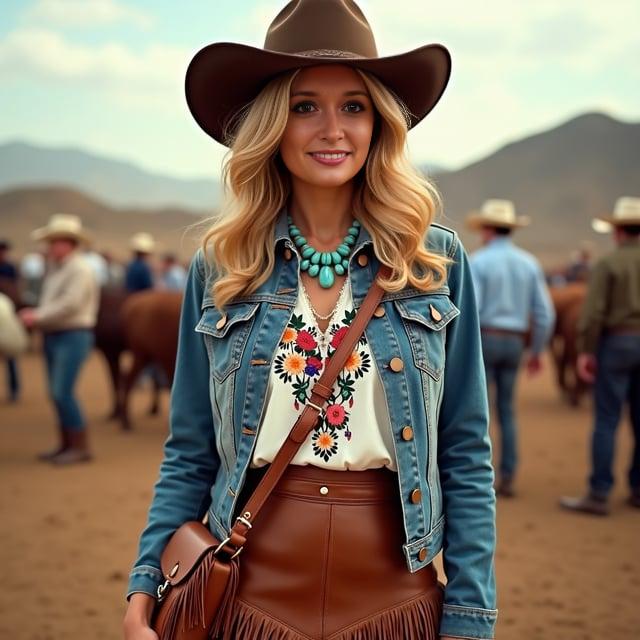 Depict a realistic image with a female person attending a lively fall rodeo event. She has soft, voluminous waves in warm honey blonde hair and wears an embroidered denim jacket with vibrant colors over a flowy bohemian blouse, paired with a high-waisted fringed leather skirt. She accessorizes with a turquoise statement necklace, a wide-brim felt hat, and a leather crossbody fringe bag, complementing brown western cowgirl boots.