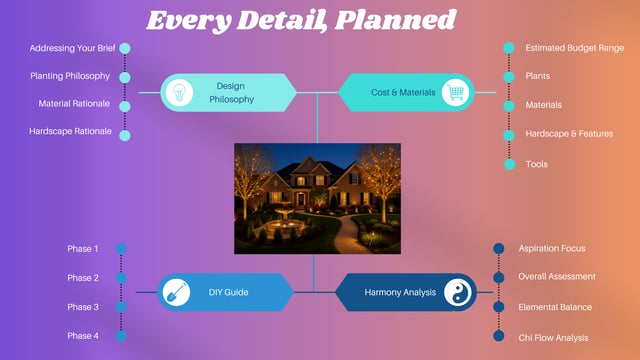 An infographic titled 'Every Detail, Planned' showing how a final landscape design is broken down into its 'Living Blueprint' components: Design Philosophy, Cost & Materials, DIY Guide, and Harmony Analysis.