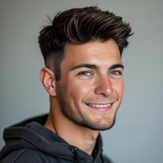 Create a realistic image with one person only, featuring a male with a casual, textured crop hairstyle, sporting a subtle tapered fade on sides. He has dark brown hair with faint highlights and a relaxed smile that suits his confident demeanor.