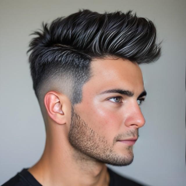 Create a realistic image with one male person only, featuring a medium-length quiff hairstyle with a side part, deep charcoal color with silver highlights, high volume on top and sleek sides, suitable for a bold and edgy appearance.
