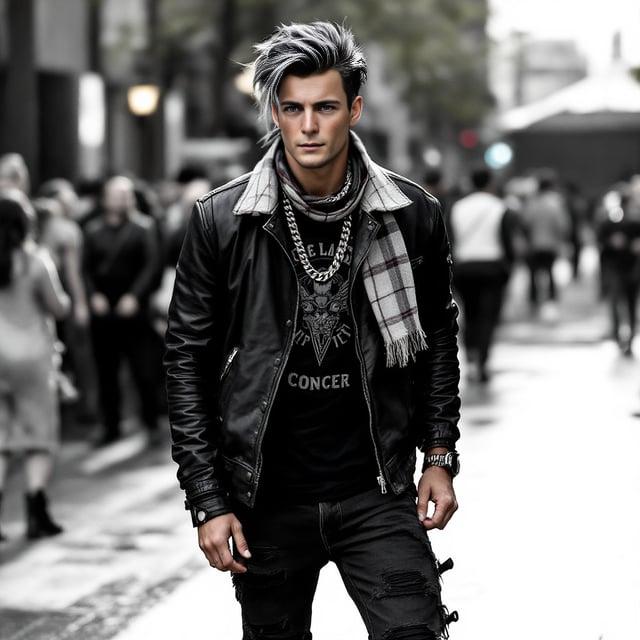 Depict a realistic image with a male person attending a concert, styled with a medium-length quiff hairstyle with a side part, deep charcoal color with silver highlights, wearing a black leather jacket, dark graphic t-shirt, dark grey distressed jeans, black combat boots, completed with silver accessories like a chain necklace, and a plaid scarf for added style.