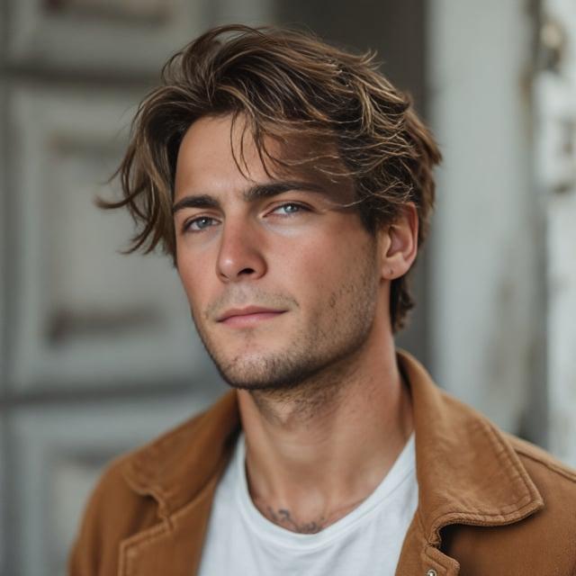 Create a realistic image with one male person only, featuring a medium-length undercut hairstyle with soft waves on top, in a rich chestnut brown color. The person should have a casual and modern fall style, suitable for a relaxed outdoor concert.